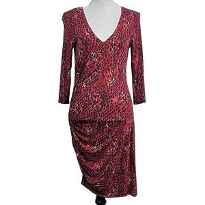 Asymmetrical Ruched Dress Body Con Three Dots Red Leopard Print Jersey Size Med